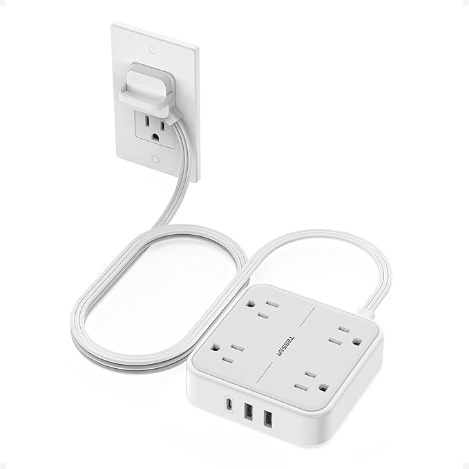 Flat Plug Extension Cord 5 Ft, TESSAN Surge Protector Power Strip Ring Pull with 3 USB (1 USB C) 4 Outlets, 900 Joules Protection, Desktop Charging Station for Home, Office, College, Dorm Room, Gray