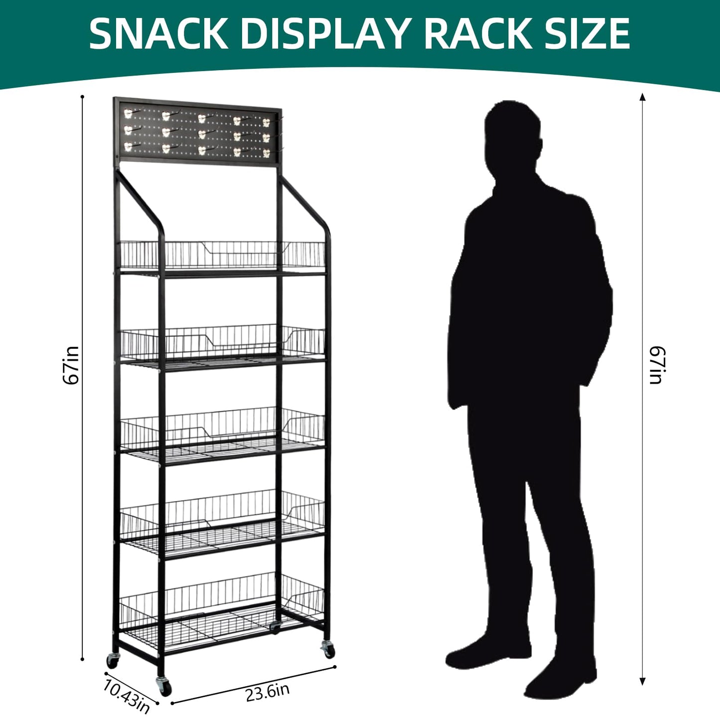 Chip Display Rack - 5 Tier Snack Rack Display Stand with 360° Swivel Wheels & 15 Hooks，Metal Candy Display Rack for Supermarkets/Convenience Stores/Fruit Stores/Home