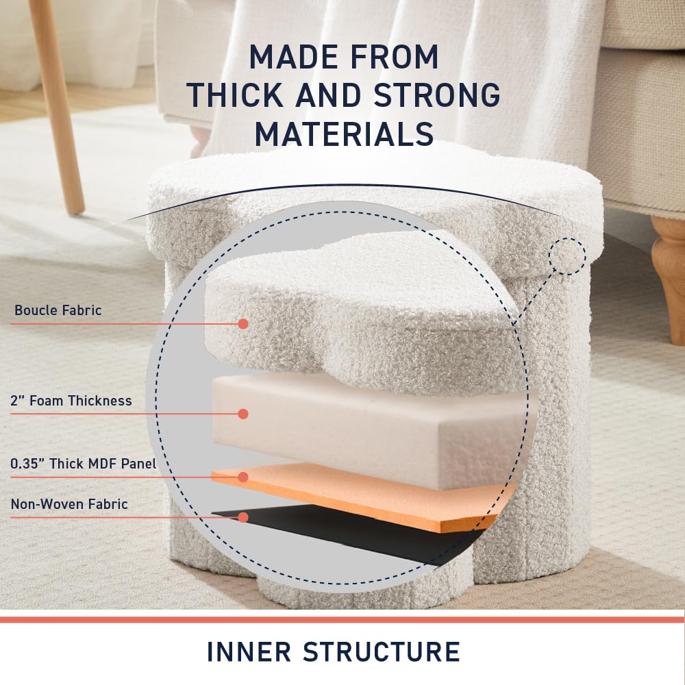 Ornavo Home White Boucle Storage Ottoman Cube – Flower-Shaped Footstool with Hidden Storage, Faux Teddy Fur Foot Rest for Living Room, Bedroom & Dorm, 12" Inch