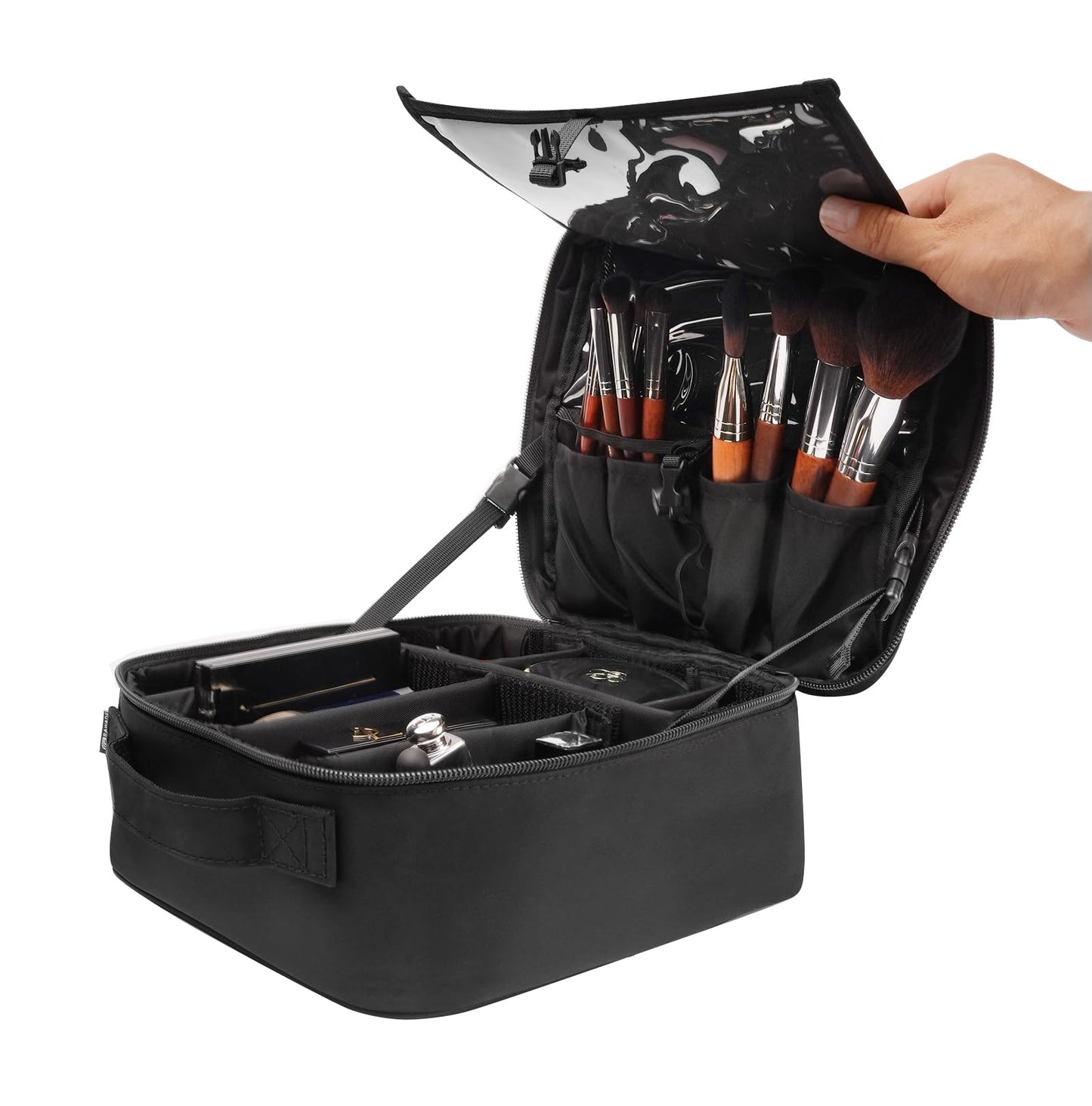 BAWADE Travel Makeup Bag with Brush Compartment, Cosmetic Organizer with Adjustable Dividers, Wide-Open Design, Portable Makeup Case with Handle and Luggage Strap for Women, Black