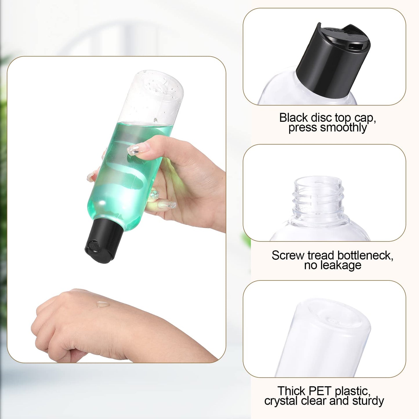 Nuenen 8 oz 24 Pcs Plastic Empty Bottles Squeeze Travel Containers with Black Disc Cap Refillable Shampoo Travel Bottles for Toiletries Lotion Container for Body Soap Cream (Clear)