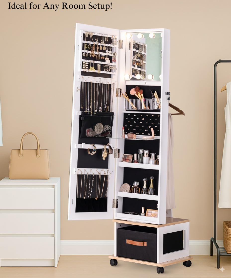 BTEXPERT 360 Swivel Jewelry Cabinet Armoire, Standing with Lights, Lockable Jewelry Organizer, 63" Rotating Full Length Frameless Mirror with Storage, 4 Wheels, White Lock Key