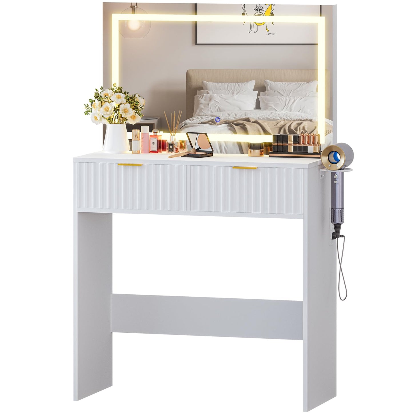 Garvee Fluted Vanity Desk with Large Mirror and Lights, Makeup Vanity with 2 Drawers, 3 Lighting Modes Adjustable Brightness, Make Up Table for Bedroom, White