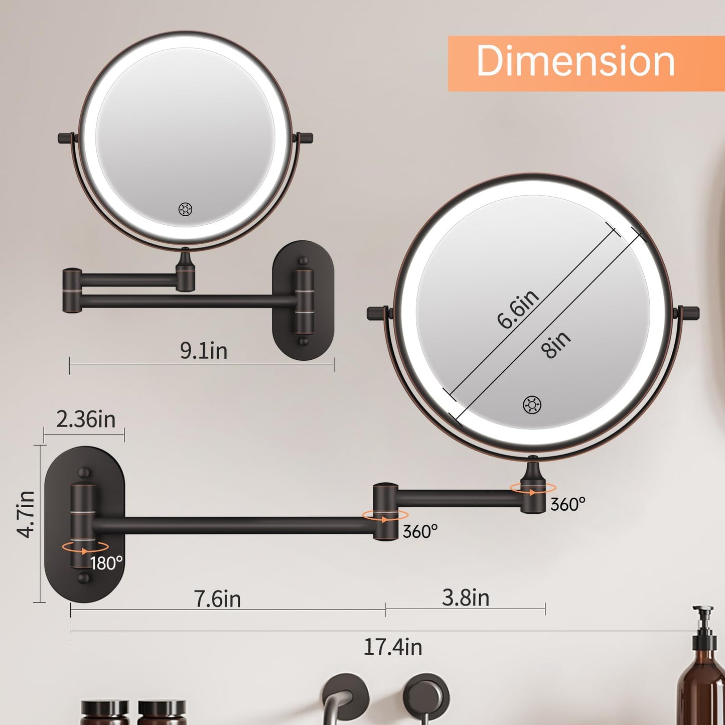 5000mAh Rechargeable Wall Mounted Lighted Makeup Vanity Mirror Double Sided 1X 30X Magnifying Bathroom Mirror, 3 Color Lighting, Touch Dimming, Extended Arm 360 Rotation Light up Mirror Antique Bronze
