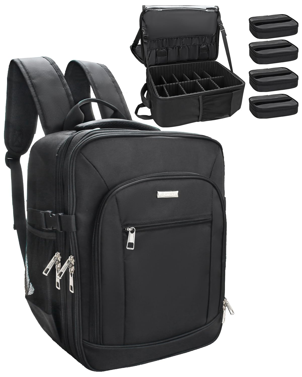 TANTO Makeup Backpack, Makeup Artist Bag Professional Cosmetic Bag with 4 Bag Extra Large Travel Train Case Double-Layer Make up Storage Organizer Cosmetic Brush Case with Adjustable Divider (Black