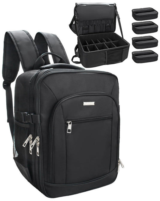 TANTO Makeup Backpack, Makeup Artist Bag Professional Cosmetic Bag with 4 Bag Extra Large Travel Train Case Double-Layer Make up Storage Organizer Cosmetic Brush Case with Adjustable Divider (Black