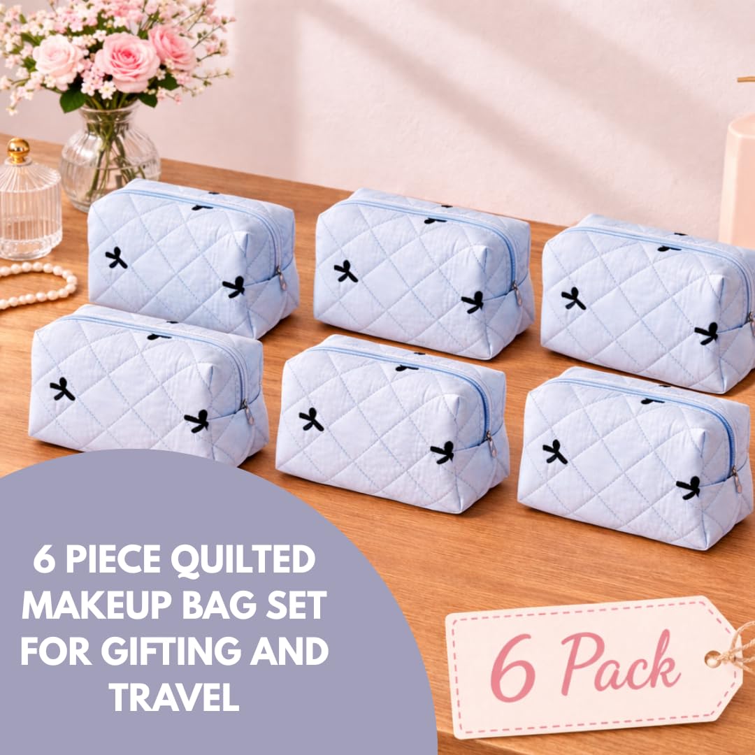 LUCKAYA 6 Pc Bulk Quilted Makeup Bag Set with Trendy Bow design for Women & Girls, Travel Cosmetic Bags, Bridesmaid Gift Set, Party Favor Makeup Pouches, Trendy Makeup Organizer for Toiletries (Blue)