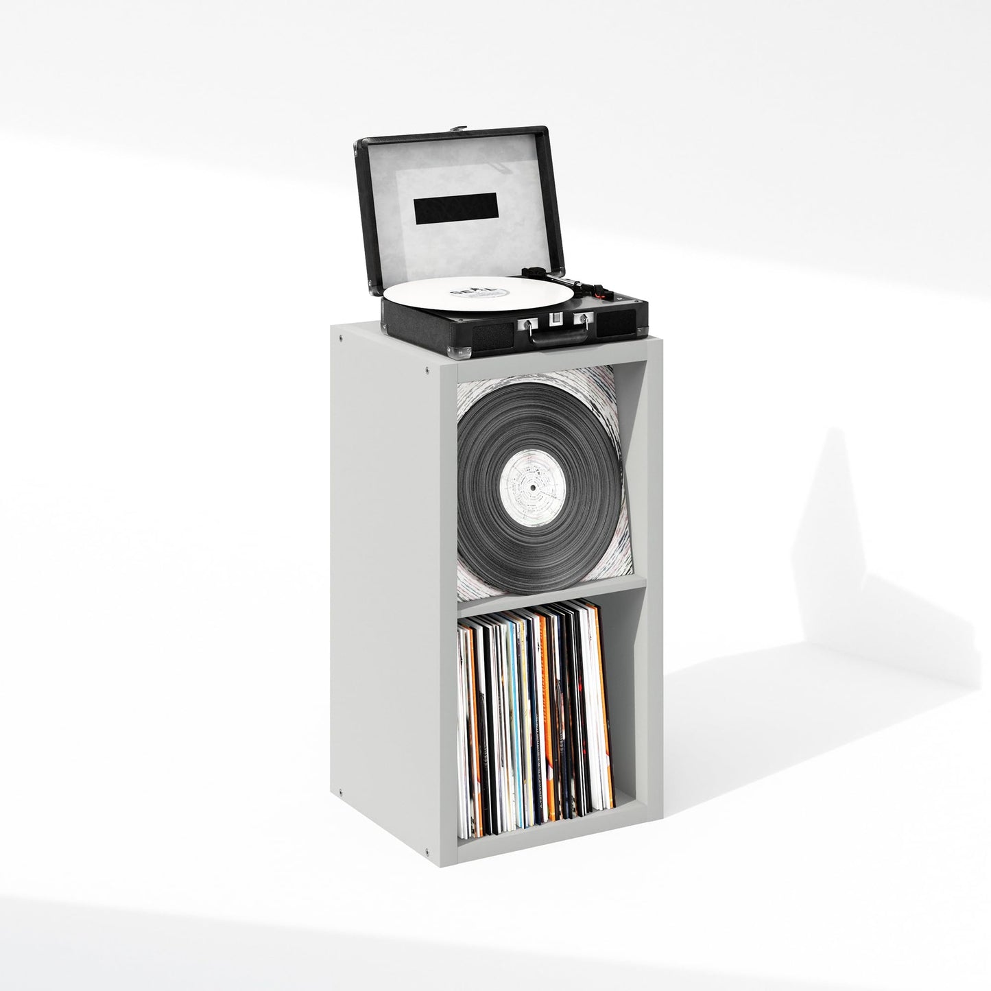 Furinno Cubicle Record Player Stand with Vinyl Storage, 2-Cube 1.2 Extra Thick Vinyl Record Storage, Open Back Media Shelf for CD DVD Blueray Game Disc, for Living Room, Home Office, Light Grey