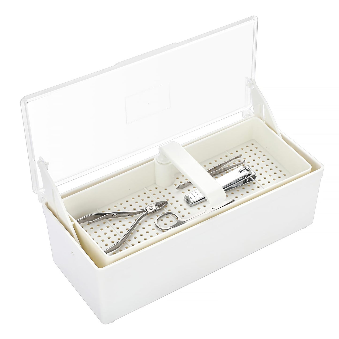 JUXYES Plastic Sterilizing Tray for Nail Art Accessories Tools, Portable Nail Art Tool Sterilizer Tray with Strainer, Storage Box Tool Box for Tweezer Manicure Tools Pedicure Tool