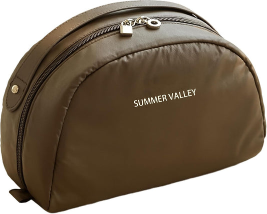 YDR Travel Makeup Bag for Women, Large Capacity PU Leather Cosmetic Bag, Semi-Circular Makeup Organizer Pouch, Water-Resistant Toiletry Bag with Zipper, Portable Cosmetic Case for Travel