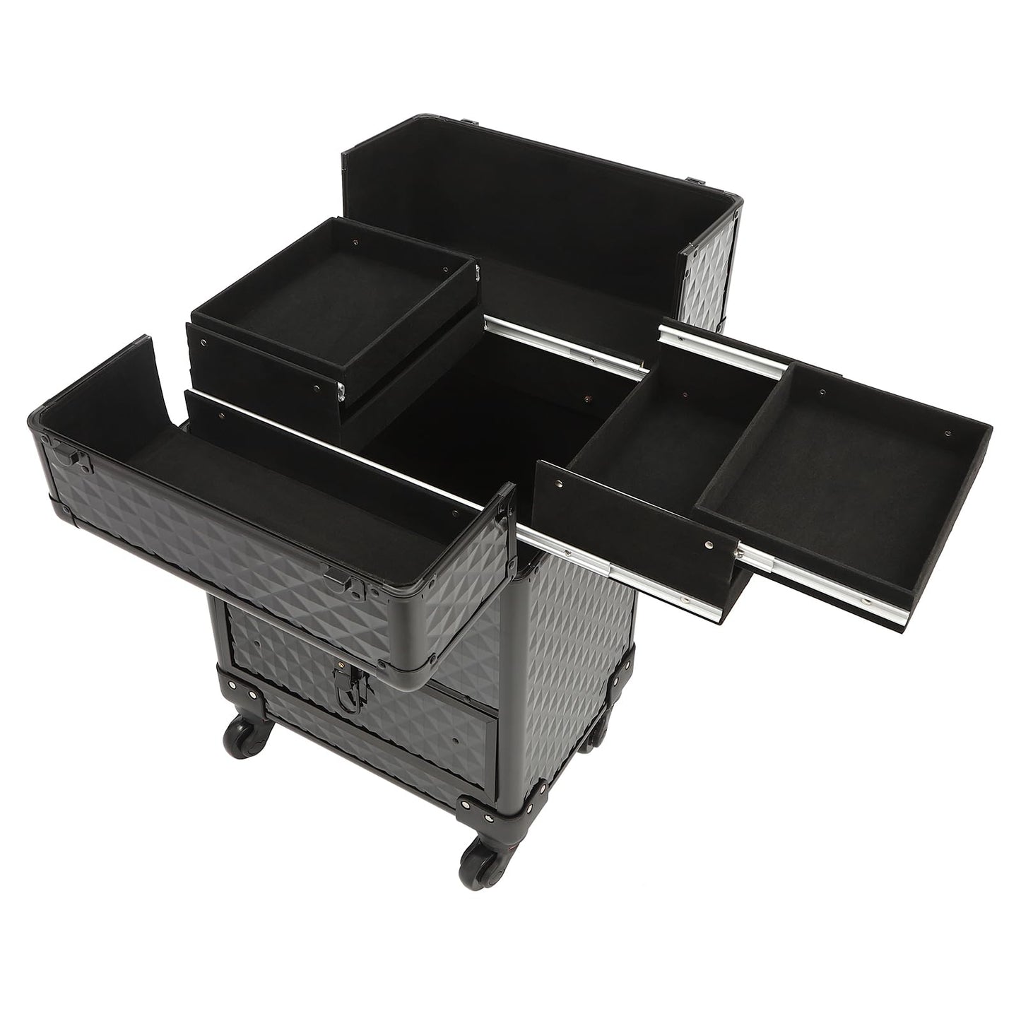 MRFIOJYDR Aluminum Rolling Makeup Train Case, Large Storage Cosmetic Trolley Portable Makeup Organizer Suitcase w/4 Removable Wheels, Keys, Adjustable Compartment (Black)