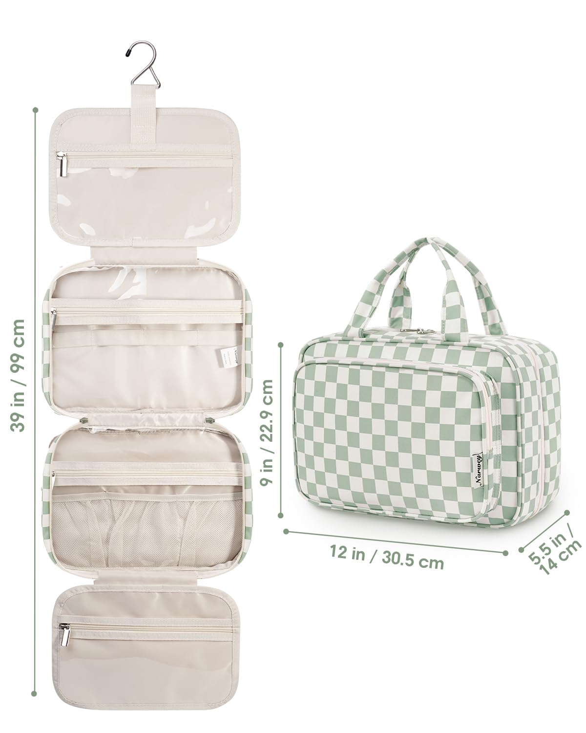 Narwey Travel Toiletry Bag for Women Large Capacity, Hanging Makeup Bag Organizer Toiletries Bag for Full Size Essentials, Accessories, Brushes, Cosmetics (Mint Green Checkerboard (Large))