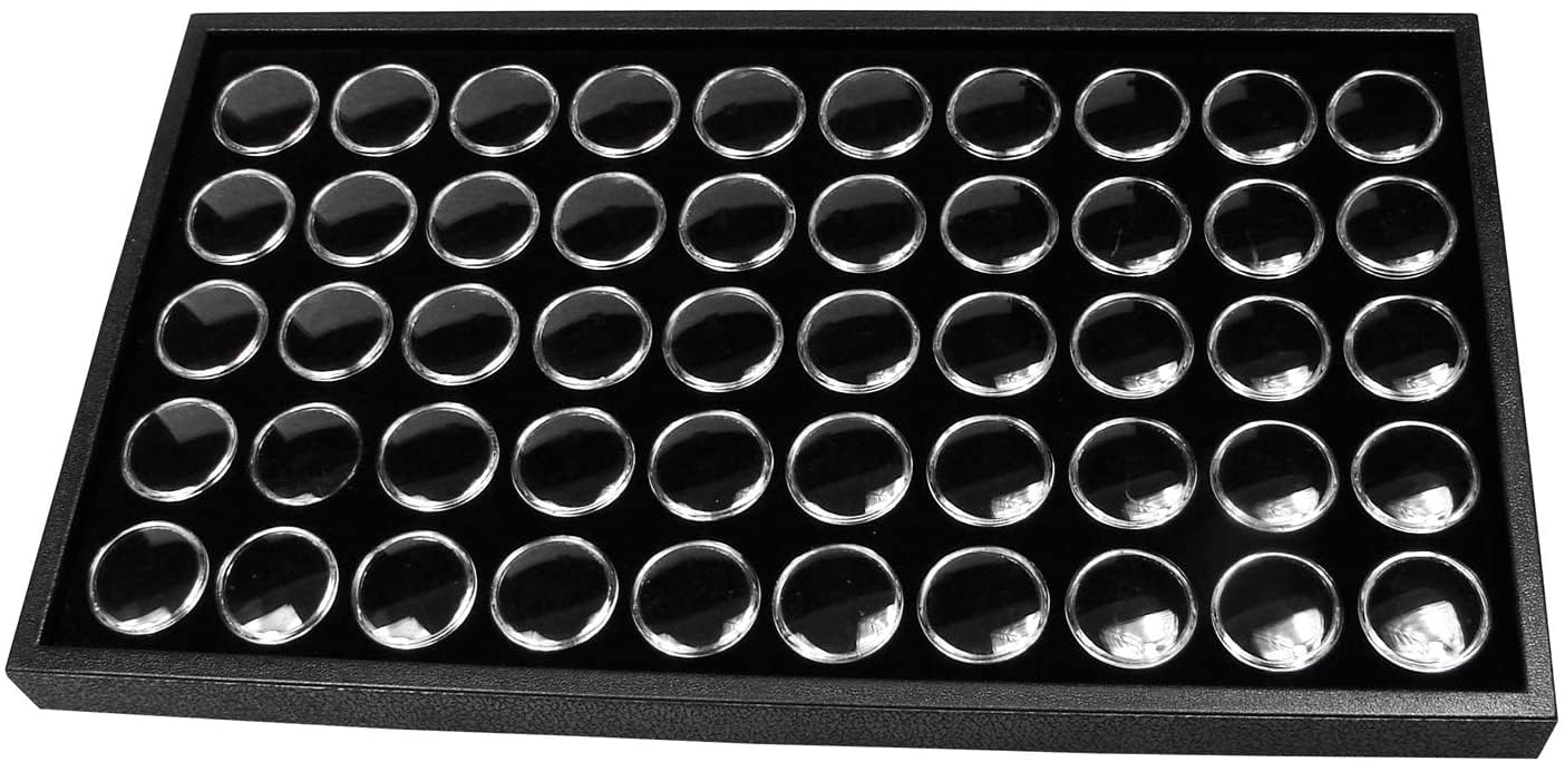 RJ Displays- 50 Black Foam Gem Jars with Tray, Gemstone Display Case with Lids for Gems, Coins, Gem Storage Organizer, Gem Holder, Charm Box, Gem Display Case, Gemstone Storage, 14.5" x 7.8" x 0.75"