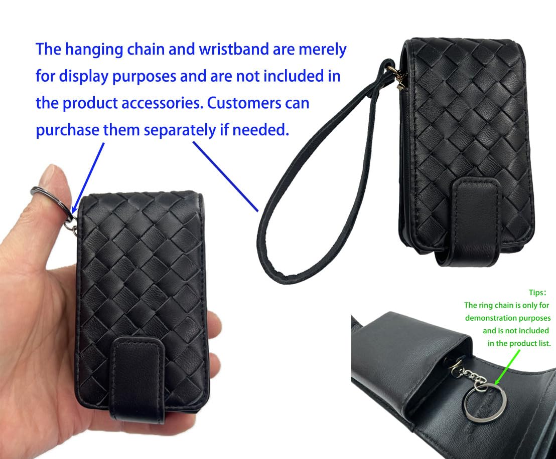 AgentMoon Handheld Lipstick Pouch with Mirror,Genuine Leather Lip Balm Case with Clamshell Magnetic Hidden Clasp and Hook for Chain.Portable Travel Cosmetic Case for Women Gift. (Dark Green Woven)