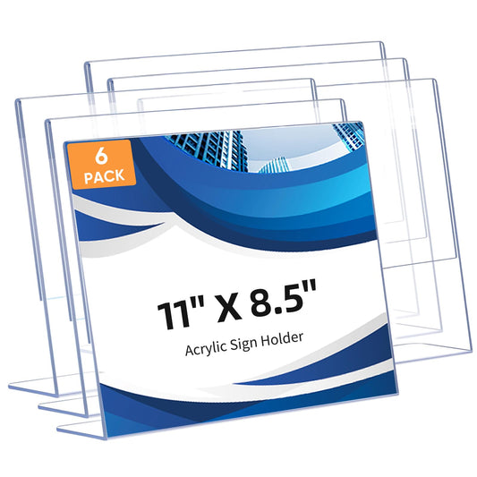 6 Pack L Shape Slanted Back 11x8.5 Plastic Sign Holders with Anti-Slip Pads, Business & Store Acrylic Tabletop Display Stand for Flyers, Menus, Documents, Price, Wedding, Party Decoration