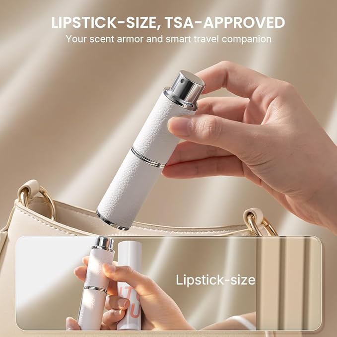 Perfume Atomizer, Rotary-Lift Nozzle, Cap-Free, Leather Refillable Spray Bottle, High-end Portable Dispenser, Travel Size TSA Approved 0.27oz/8 ml (White)