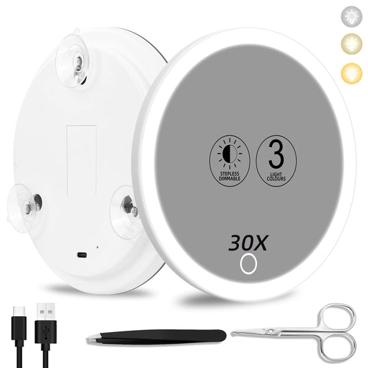 Suupvaor 30x Magnifying Mirror with Light, 3 Color Modes, Dimmable, Rechargeable, 6" Viewing Area, 3 Suction Cups, Travel Makeup Mirror, High Magnification, Includes Tweezers & Scissors