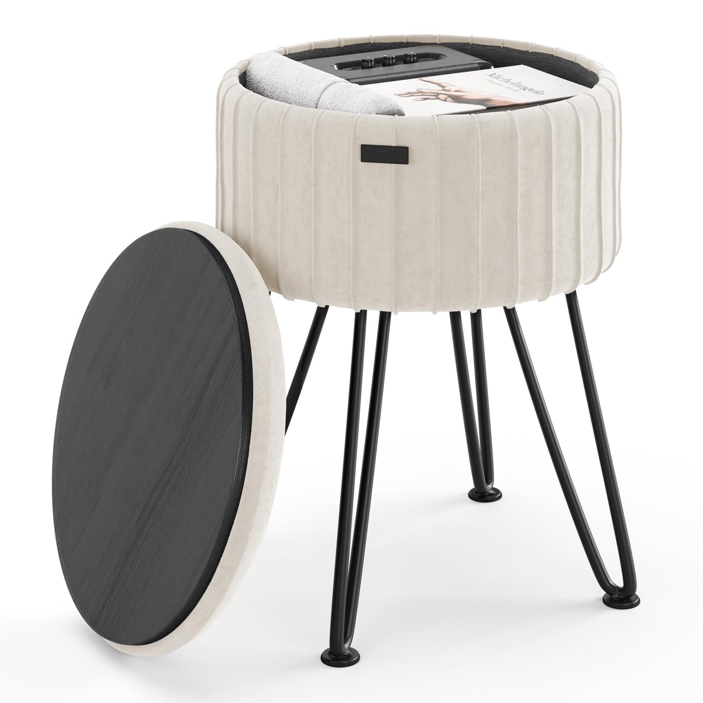 STORAGEBUD Round Ottoman with Storage, Pleated Velvet Storage Ottoman, Foot Stool Ottomans, Makeup Vanity Stool, Small Ottomans Foot Rest, Modern Vanity Stools for Living Room and Bedroom, Cream