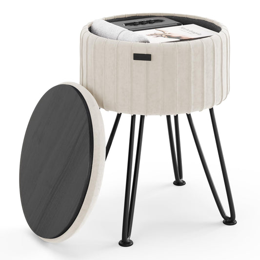 STORAGEBUD Round Ottoman with Storage, Pleated Velvet Storage Ottoman, Foot Stool Ottomans, Makeup Vanity Stool, Small Ottomans Foot Rest, Modern Vanity Stools for Living Room and Bedroom, Cream