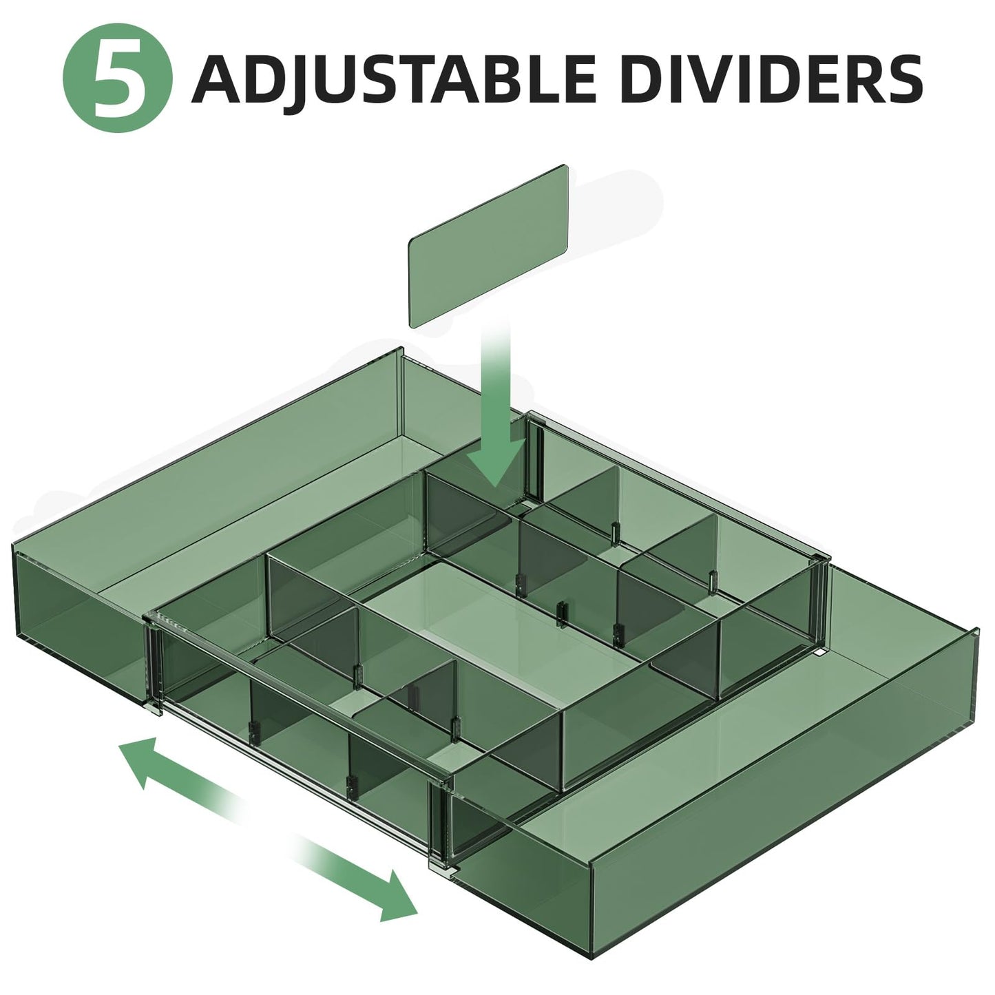 Marbrasse Expandable Desk Drawer Organizer, Clear Plastic Drawer Organizer Tray with 10 Adjustable Compartments, Desk Organizers and Accessories, 5 Drawer Dividers for Office Supplies(Clear Green)