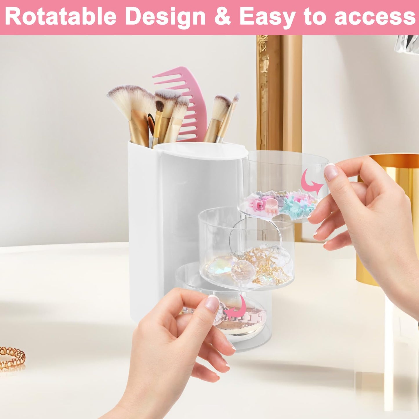 SHAIDOJIO 2Pack Hair Accessories Organizer with Hair Brushes Holder, 3-Tier Rotatable Drawer Makeup Brush Holder Small Jewelry Box with Sticker, Desktop Organizer Case for Girl Clip Earring Necklaces