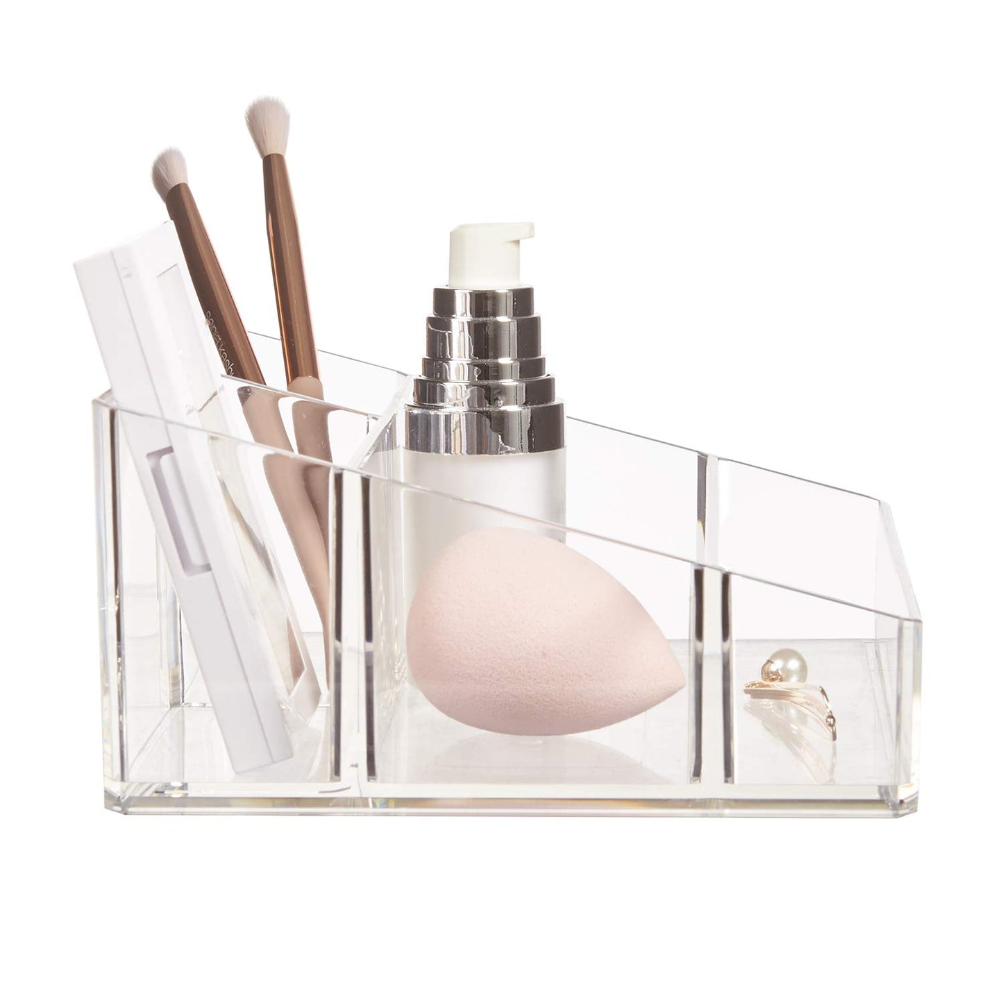 STORi Clear Plastic Small Countertop Vanity Makeup Organizer, Compact Rectangular 4-Compartment Holder for Brushes, Eyeshadow Palettes, & Beauty Supplies, Made in USA