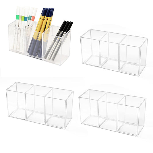 eastbao 4 Pcs Clear Pen Holder for desk cute office supplies,Stationery and makeup brush organizer,Clear Desktop Pencil Cup with 3 Compartments