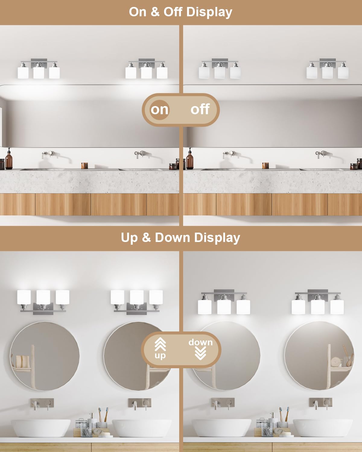 Sailstar Bathroom Light Fixtures Over Mirror, 3-Light Vanity Lights Brushed Nickel, Modern Bathroom Vanity Light, Glass Shade & Anti-Rust Nickel Finished, Bathroom Light for Small Space