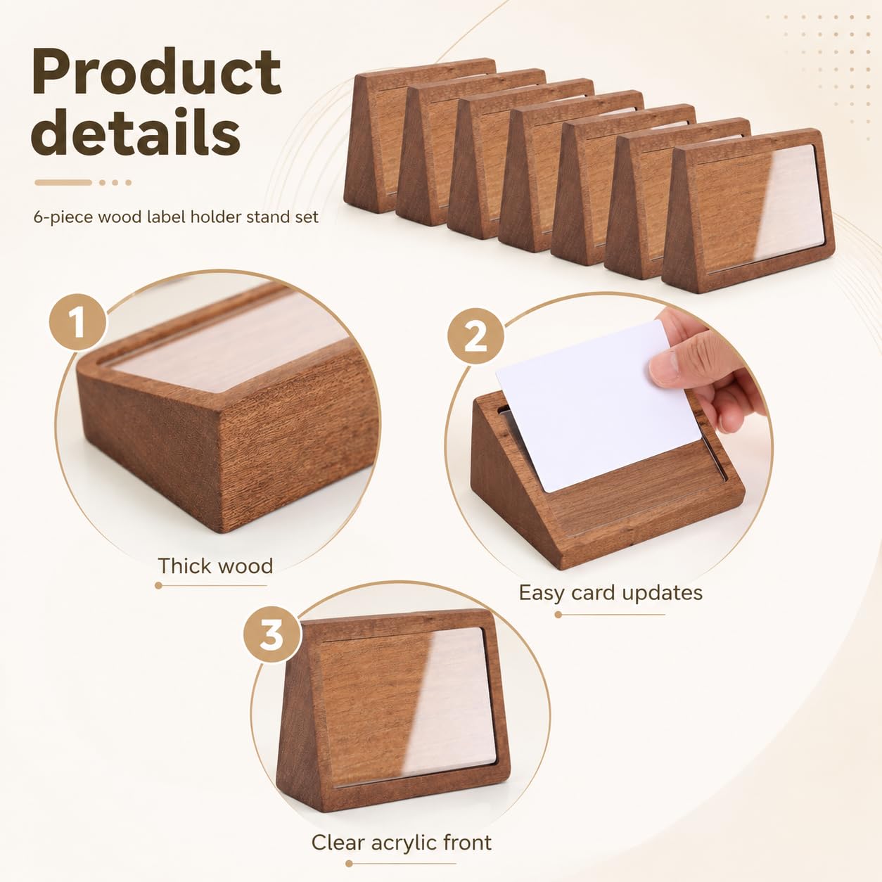 NIMBLOOM 6 Pcs Wood Label Holder Stand, 4.1 x 2.8 x 0.9 in Slanted Place Card Stands with Clear Acrylic Display, Versatile Desktop Sign Holder Stands for Retail Store, Cafe, Tea Shop, Bakery