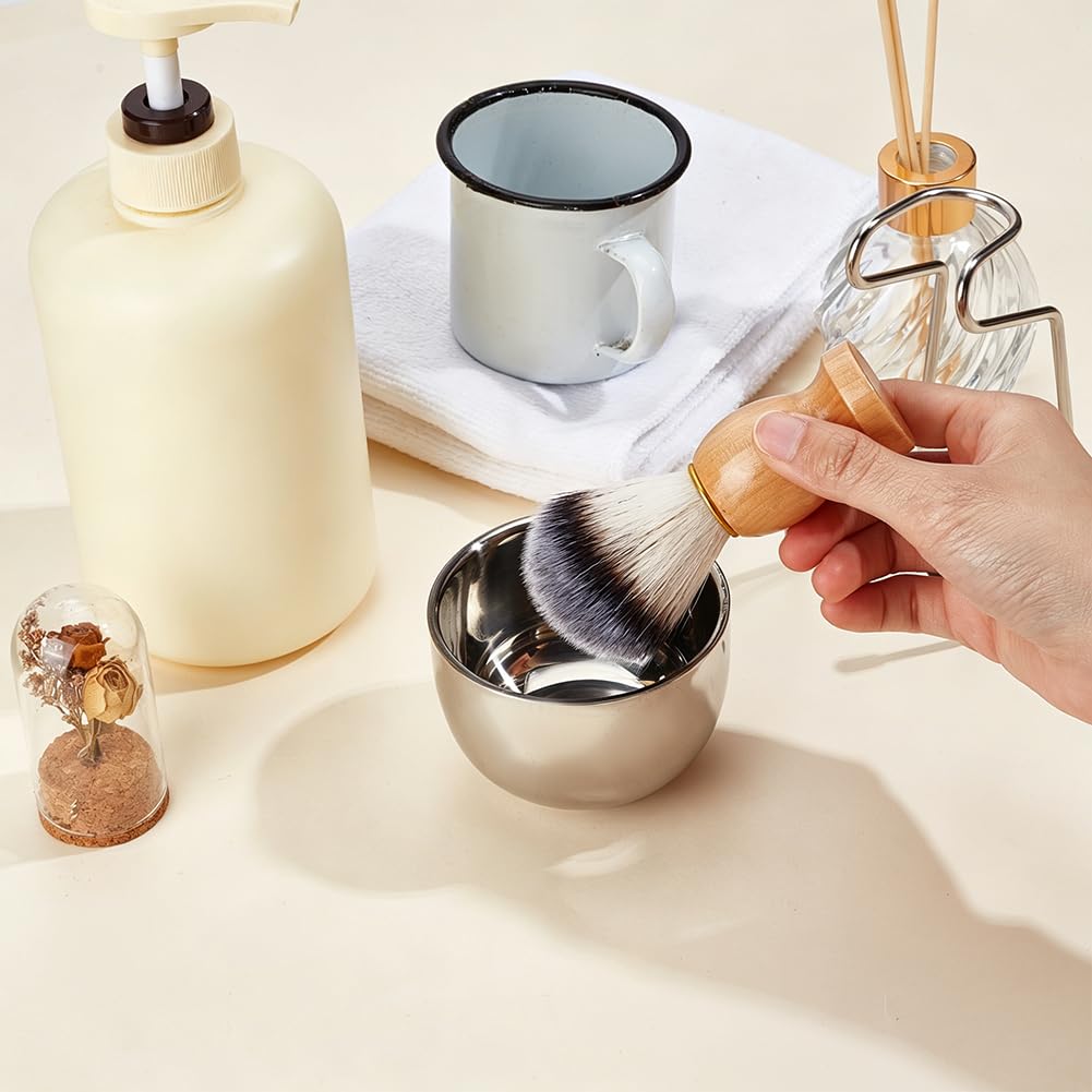 CRAFTYMELODY Shaving Brush Set for Men Platinum 3 In 1 Badger Hair Shaving Brush with Wood Handle Stainless Steel Shaving Bowl and Wet Shave Stand Perfect for Bearded Man Fathers Day Present