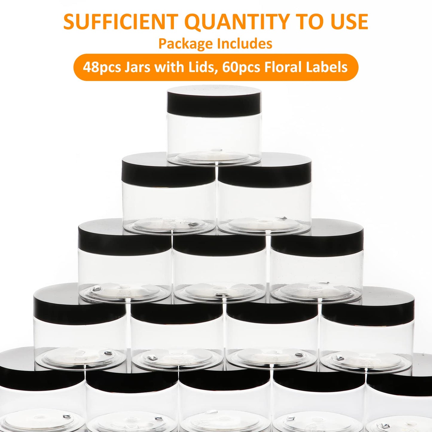 4 oz Small Travel Size Containers 48 Pack, Clear Plastic Jars with Leakproof Tight-Seal Black Lids, Durable Refillable Cosmetic Storage for Toiletries, Lip Balm, Lotion, Cream, Slime, Great Value Set
