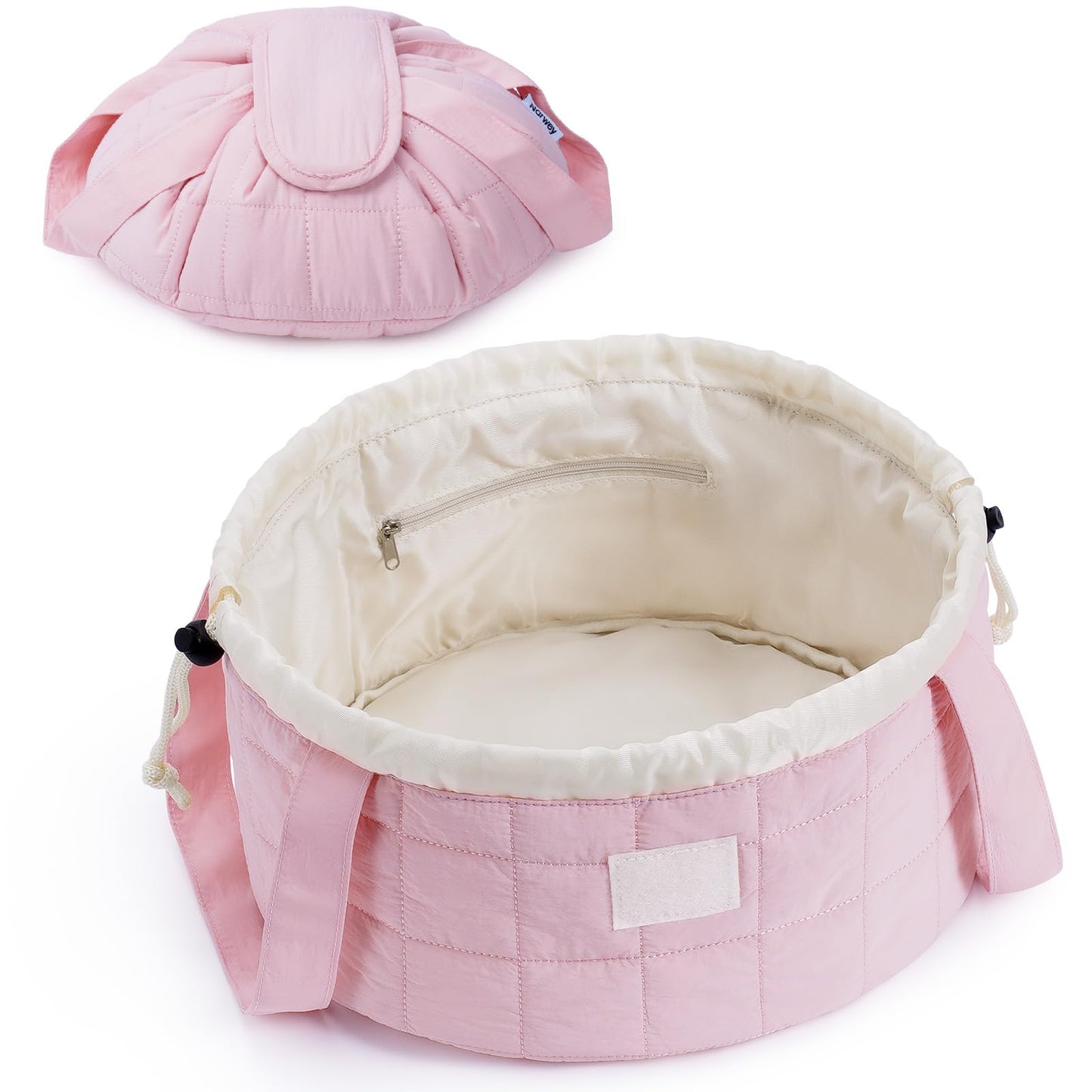 Narwey Lay Flat Open Drawstring Puffer Makeup Bag, Large Quilted Cosmetic Bag for Women Girls, Cute Make up Bags with Handle, Travel Toiletry Bag for Skincare, Brushes & Travel Essentials (Pink)