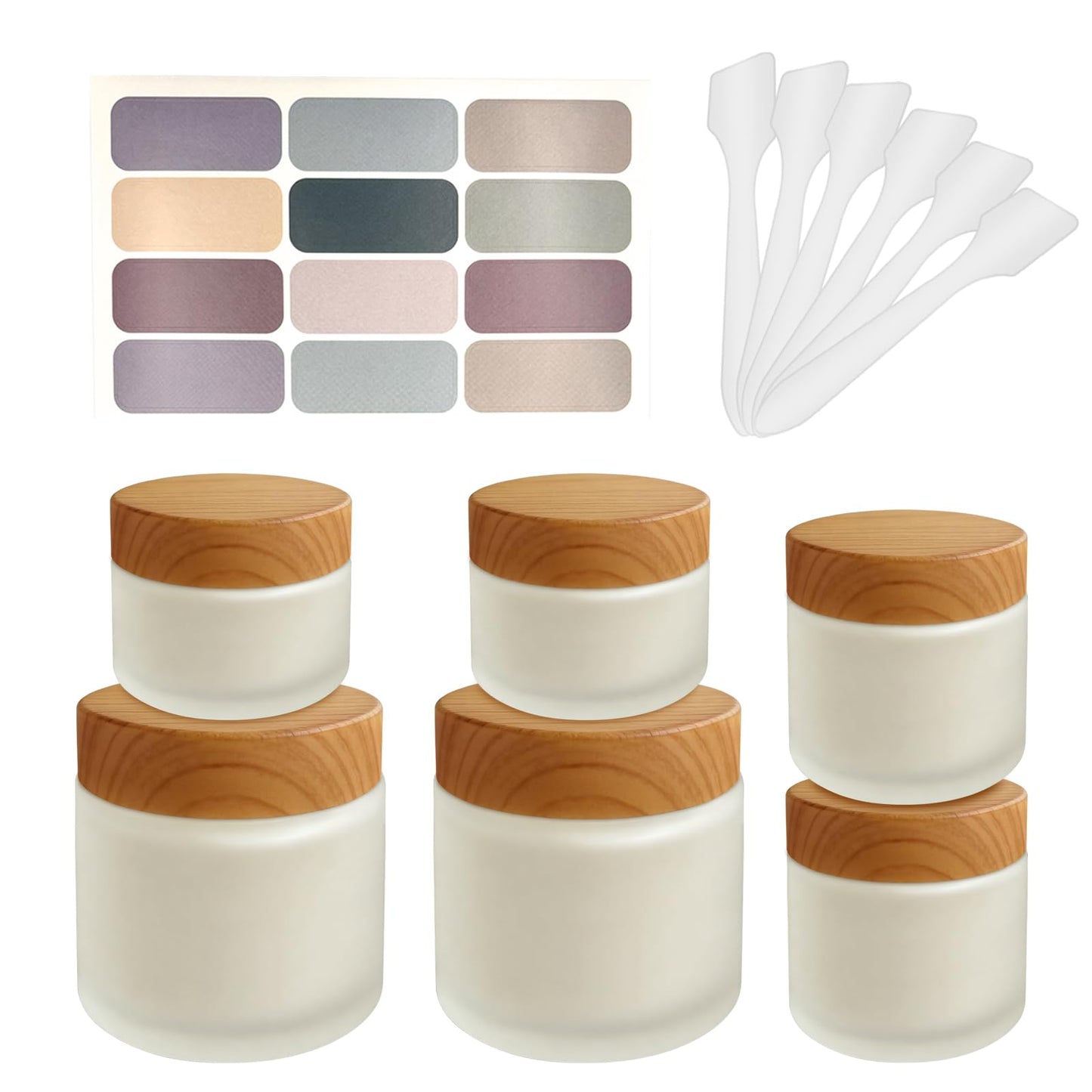 6 Pack Glass Cosmetic Jars, Frosted Glass Cosmetic Jars with Woodgrain Lids - 1oz, 2oz, 4oz Refillable Cream Containers, Leakproof Travel Jars for Skincare, Makeup, Lotion