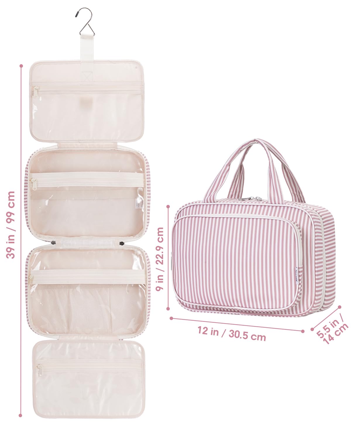 Narwey Striped Travel Toiletry Bag for Women Large Hanging Makeup Bag Organizer Toiletries Bag for Full Size Essentials Accessories Cosmetics (Dusty Pink Stripe (Large))