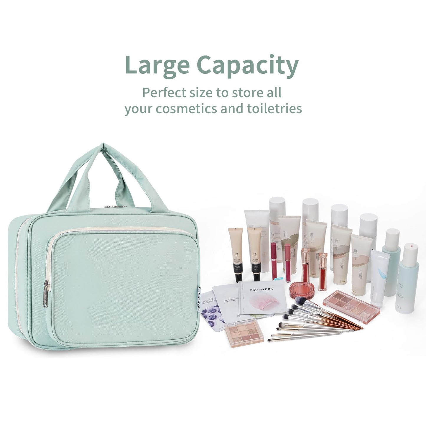 Narwey Travel Toiletry Bag for Women Large Hanging Makeup Bag Organizer Toiletries Bag for Full Size Essentials Accessories Cosmetics (Mint Green (Large))