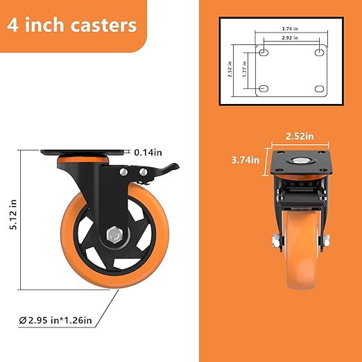 4 Inch Caster Wheels,Orange Casters Set of 4, Heavy Duty Casters with Brake 2200 Lbs, Locking Industrial Swivel Top Plate Casters Wheels for Furniture and Workbench Cart(Two Hardware Kits Include)
