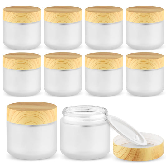 10 Pcs 60g/2oz Frosted Cream Jars Travel Size Glass Cosmetic Containers Empty Glass Jars with Wood Grain Lids for Makeup Lotion Face Cream - White
