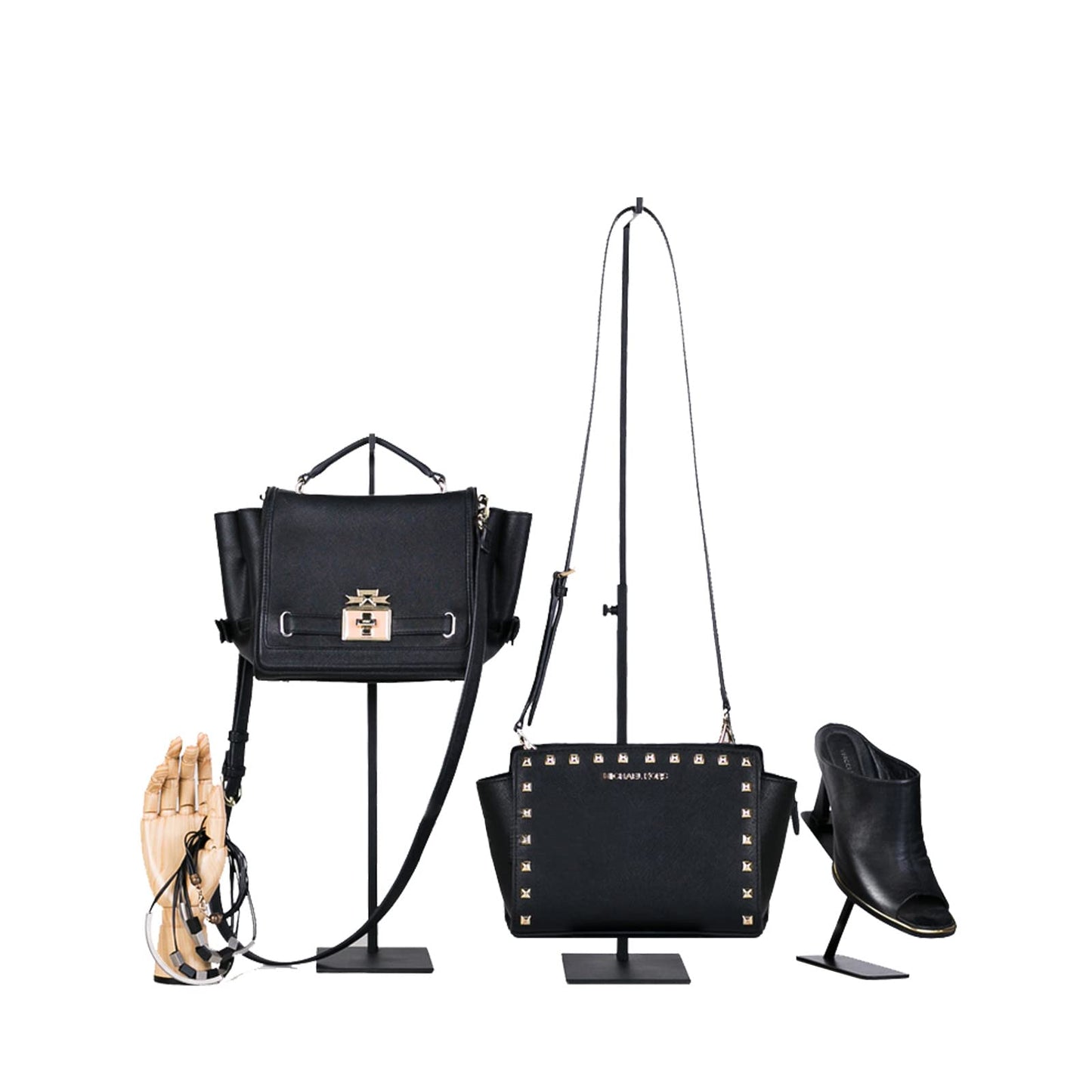 K KAIDIYIN Purse Display Stand - 2 Pack Solid Black Bag Display Rack Stands, Counter Adjustable Height Stainless Steel Purse Handbag Holder Display Stand