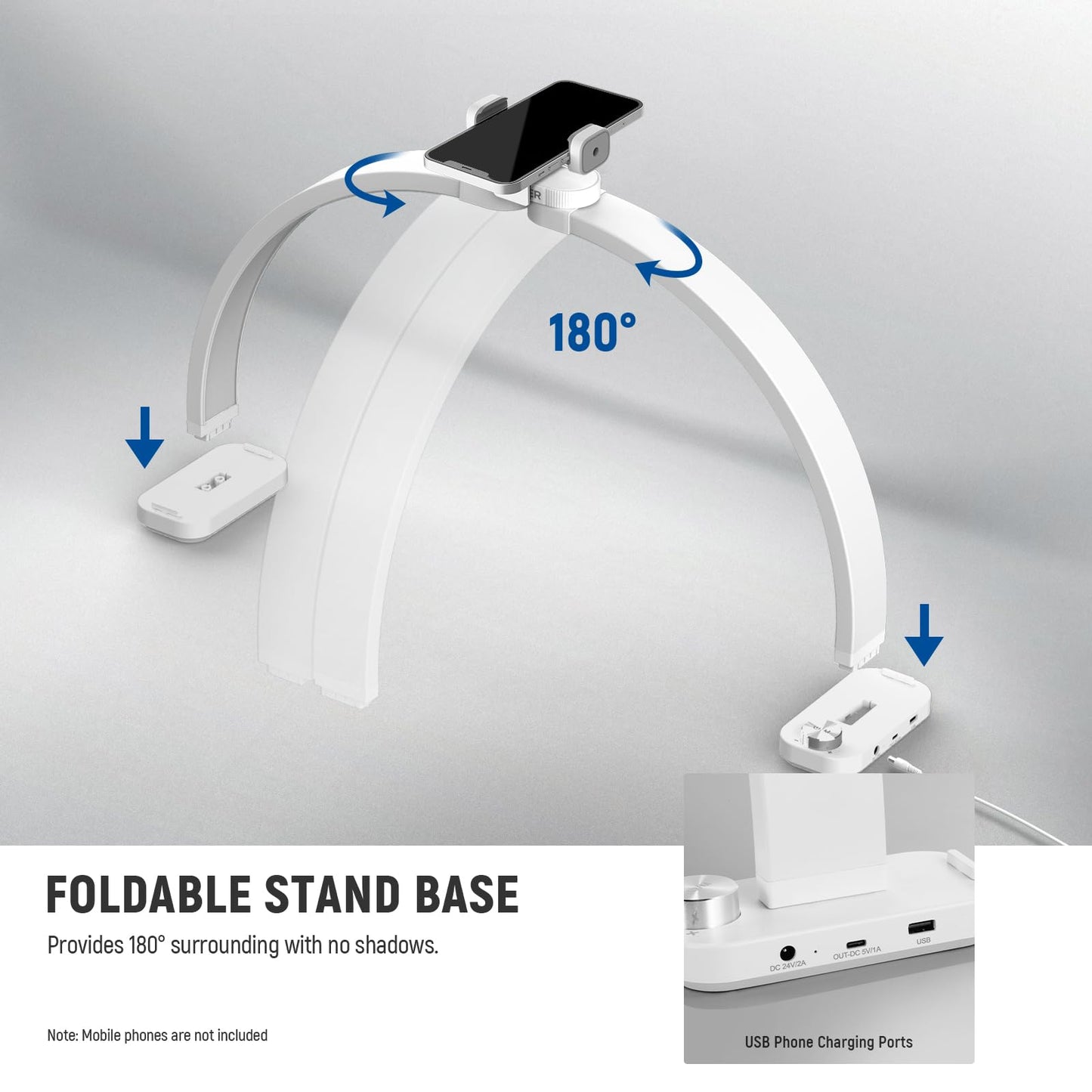 NEEWER Basic HM01-D 29" Arc Lamp, 40W Foldable LED Half Moon Table Nail Tech Light for Desk 3000K-6500K 3400lux/0.5m CRI95 USB Charging Phone Holder for Manicure Makeup Beauty Tattoo Overhead Shooting