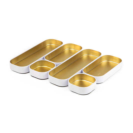 Three by Three Seattle 6 Piece Shallow Metal Organizer Tray Set for Storing Makeup, Stationery, Utensils, and More in Office Desk, Kitchen and Bathroom Drawers (1 Inch, Gold and White)