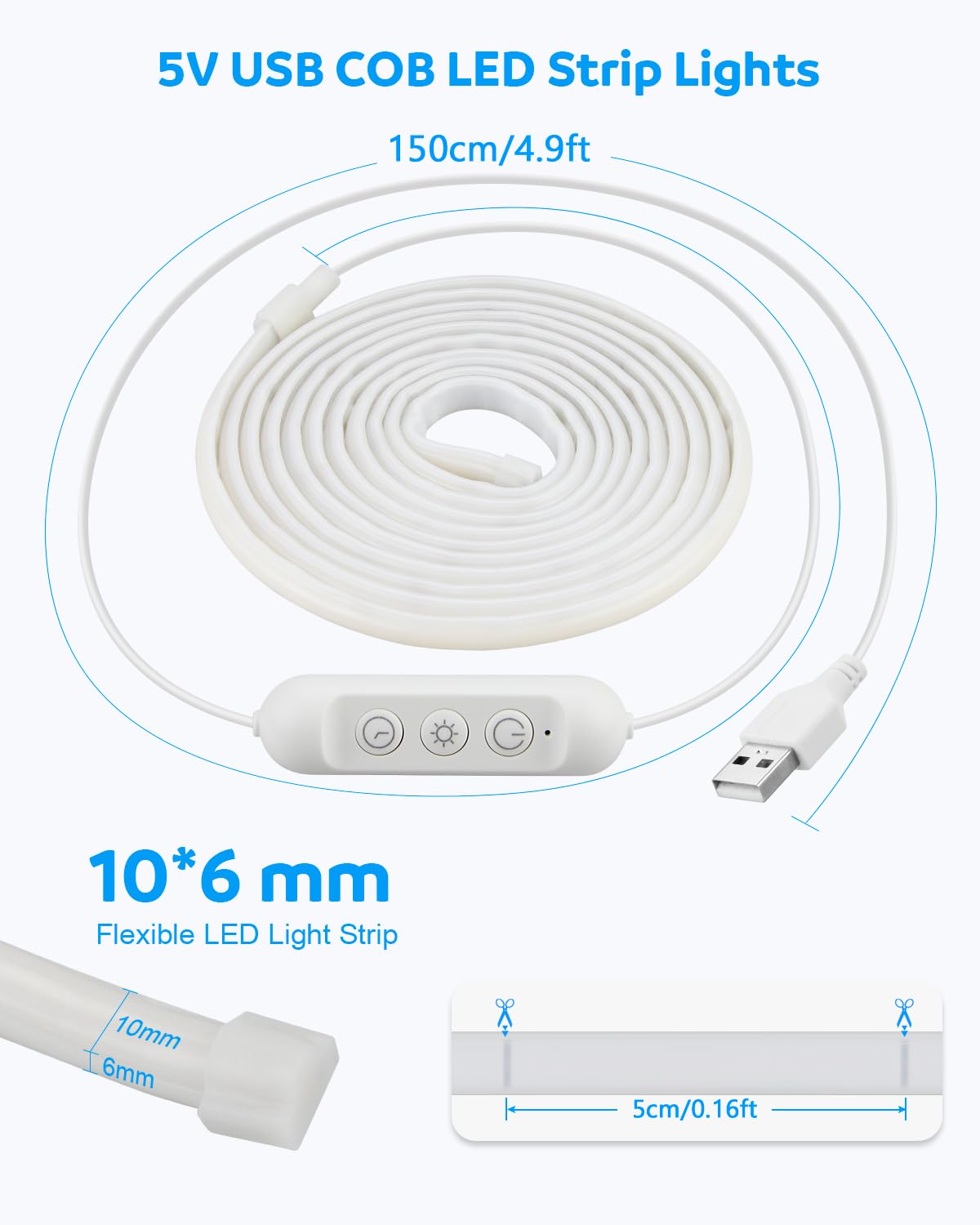 Aclorol 5V COB LED Strip 10FT 960 LEDs Dimmable Waterproof LED Strip Lights with Self-Adhesive for Kitchen Cabinet Bathroom Mirror Vanity Display Case 3D Printer Lighting Cold White 6000K CRI90+