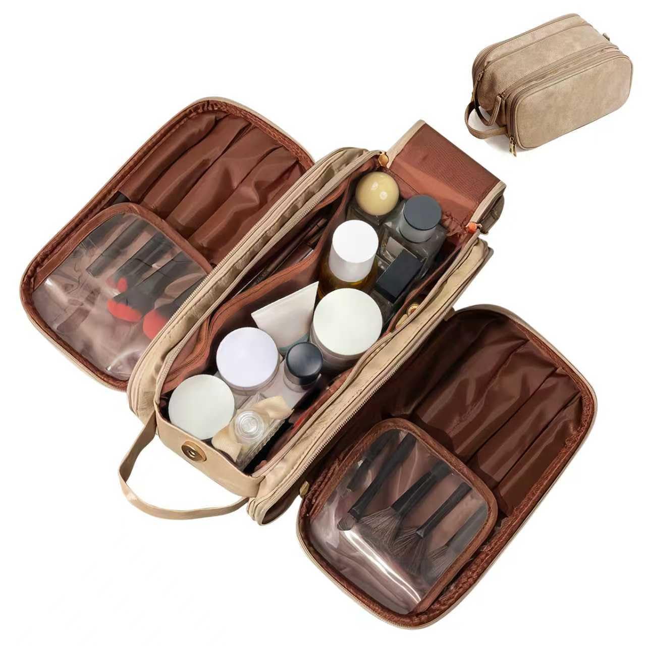 Cozomga 3 - Layer Large - Capacity Makeup Cosmetic Toiletry Bag with Double Zippers & Wide Opening, Portable Travel Organizer for Cosmetics & Toiletries-Light Brown