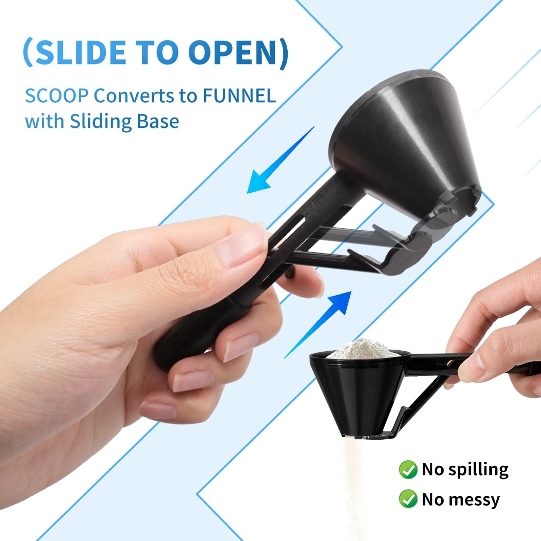 Coffee Scoop and Funnel for Powder - Water Bottle Funnel Pre Workout Scoop for Protein 2 Pack Slide Bottom Measuring Filling Scoop for Coffee Grounds and Powder