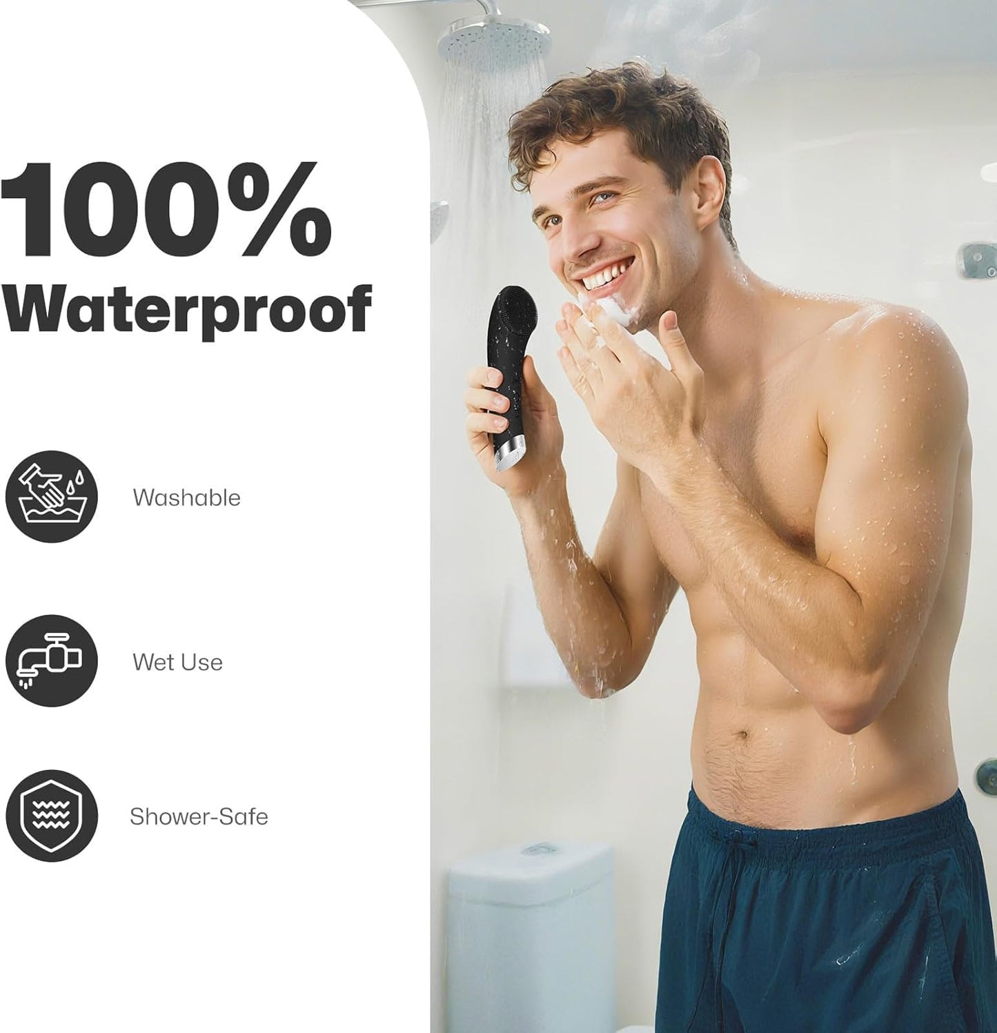 PRITECH Facial Cleansing Brush, Rechargeable Silicone Face Scrubber with Heat Massage End, Vibrating Exfoliator Scrubber for Deep Cleaning, Waterproof Face Brush for Women and Men (Black)