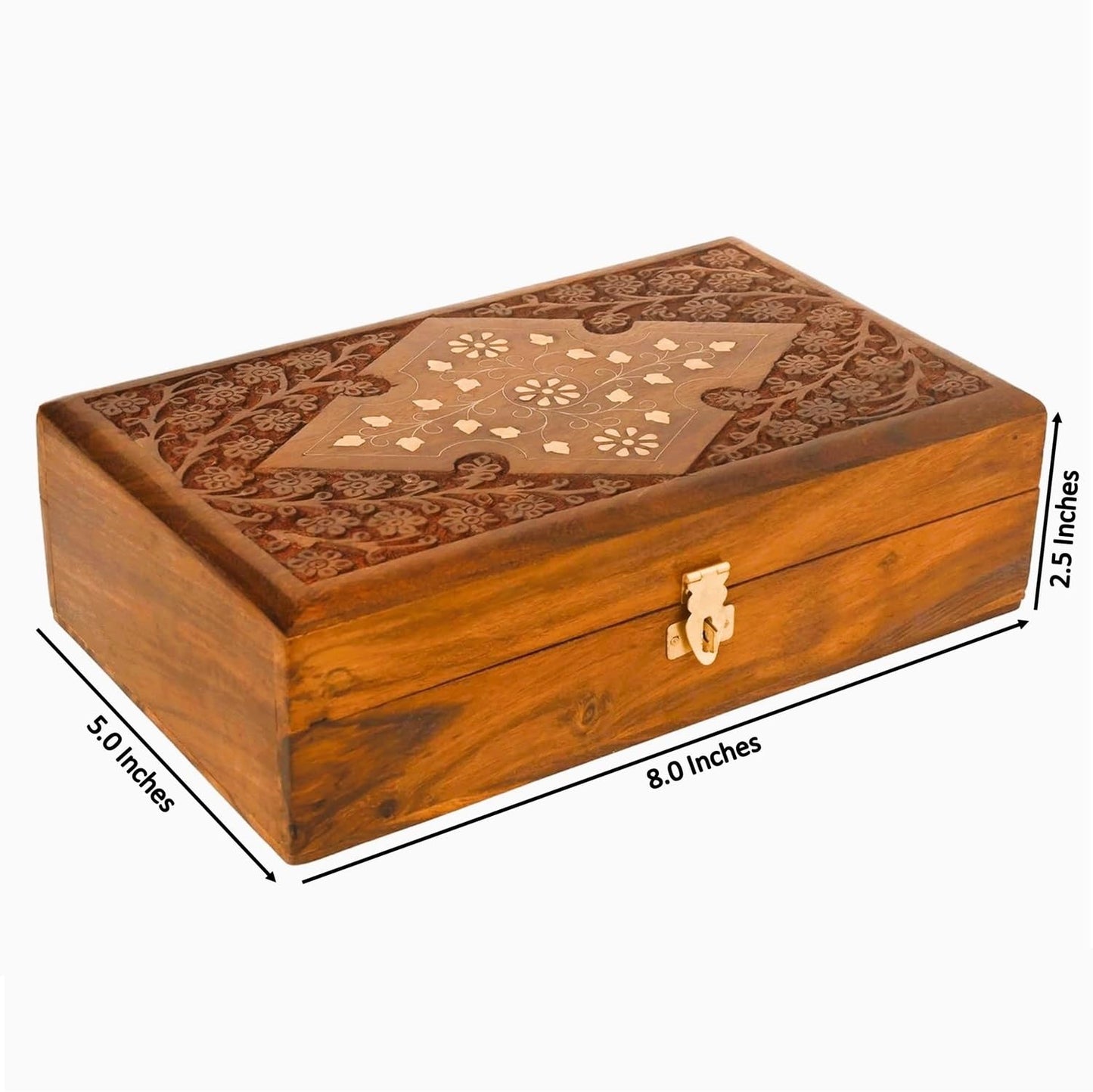 Wooden Jewelry Box with Exquisite Carving and Brass Inlay, Elegant Jewelry Organizer for Rings, Necklaces, and Bracelets, Handcrafted Storage Solution for Treasured Accessories