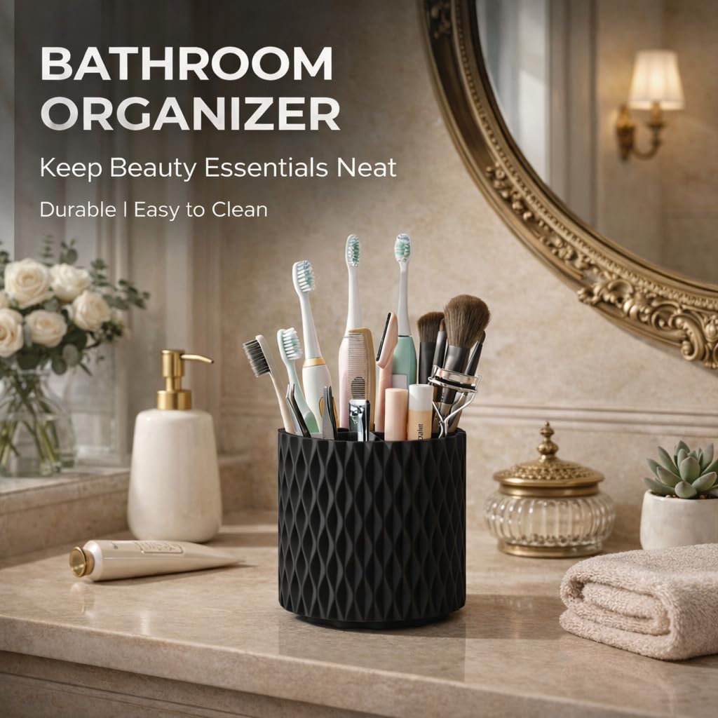 Imakmasion Makeup Brush Holder Organizer, 360° Rotating 5-Slot Make up Brushes Cup for Cosmetic, Lipstick, Hair Brush Holder - Spinning Vanity Countertop Caddy for Bathroom, Dorm & Office, Black