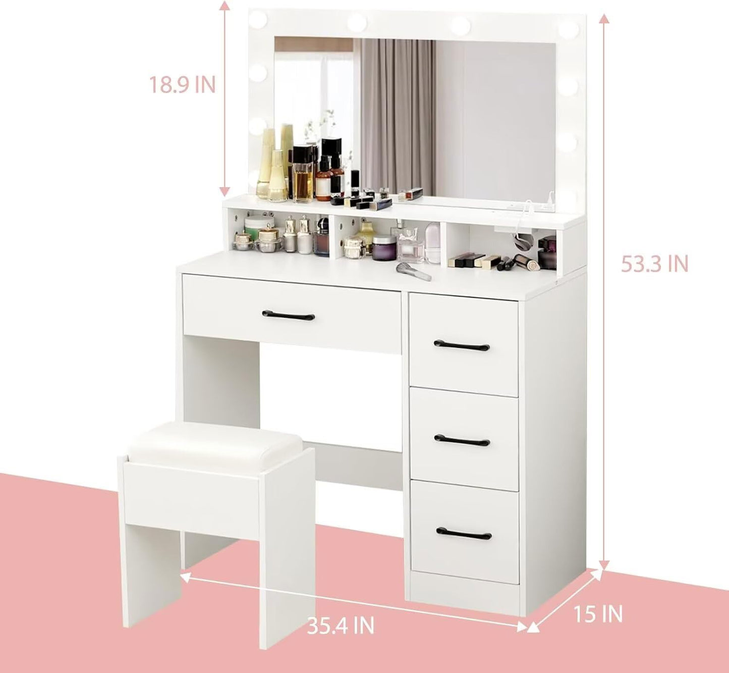 Skemic Big Vanity Mirror Desk with 4 Drawers Makeup Vanity Desk and Chair Makeup Vanity Desk