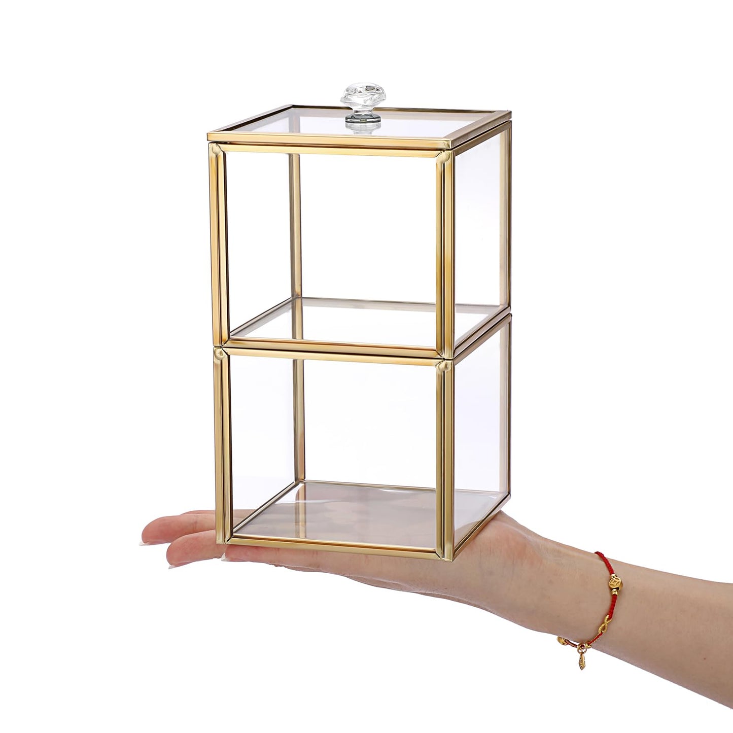 Hipiwe Glass Qtip Holder Dispenser with Lid 2-Tier Stackable Bathroom Containers Cotton Ball & Swab Holder Vanity Organizer Jars Gold for Makeup Pads