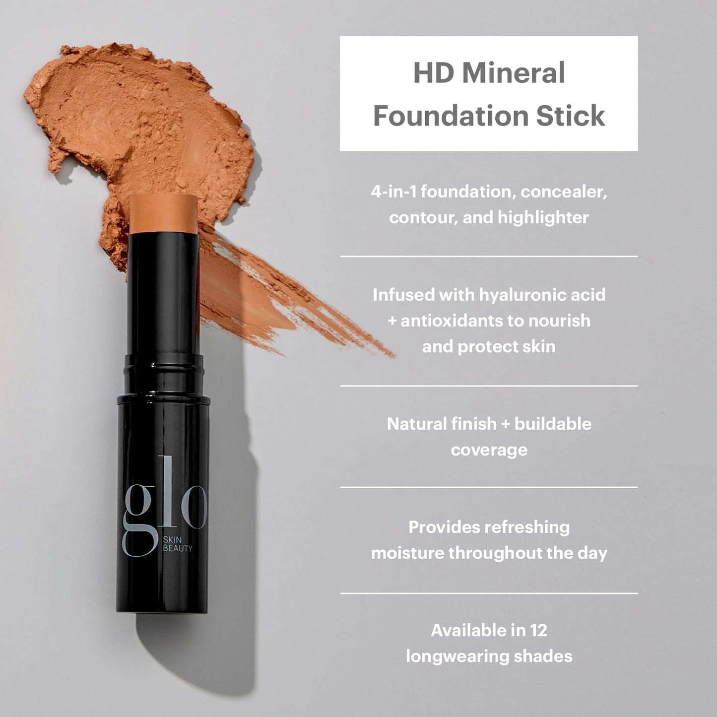 Glo Skin Beauty HD Mineral Foundation Stick - Concealer Makeup Infused with Hyaluronic Acid - Buildable Coverage, Contour & Highlighter (Carob 10N)
