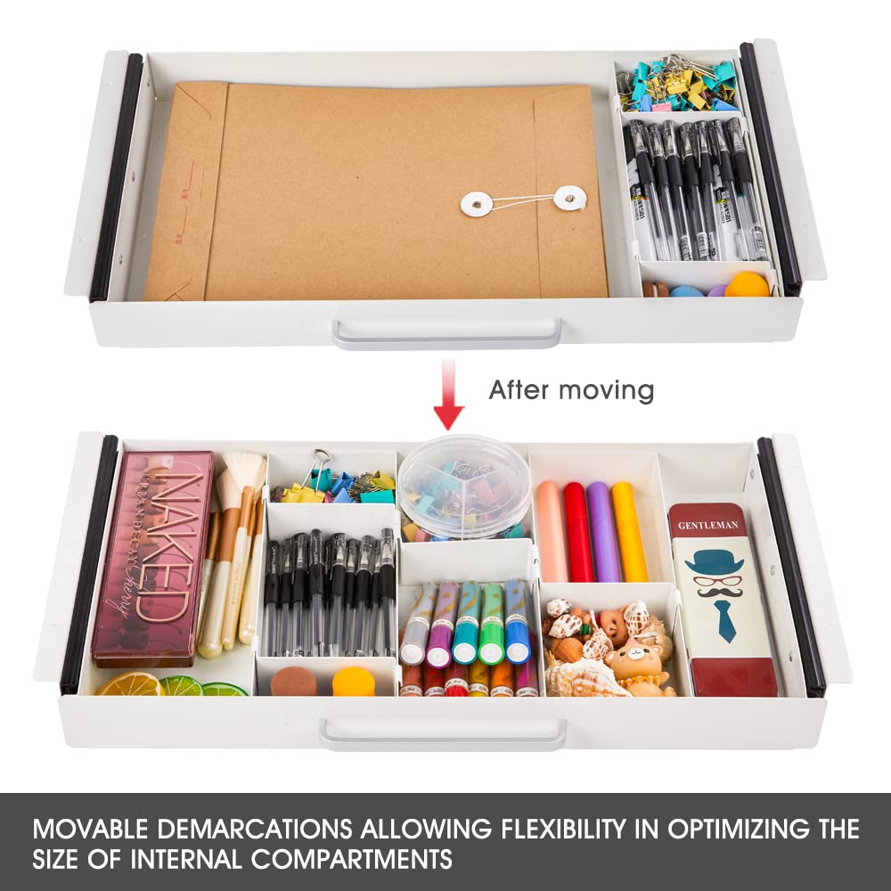 Large Size Under Desk Slide out Pencil Drawer White with Adjustable Space Divider Design for Storing Pencil and Office Accessories, Underdesk Pull out Tray Organizer Mounted for Sit Stand Workstation